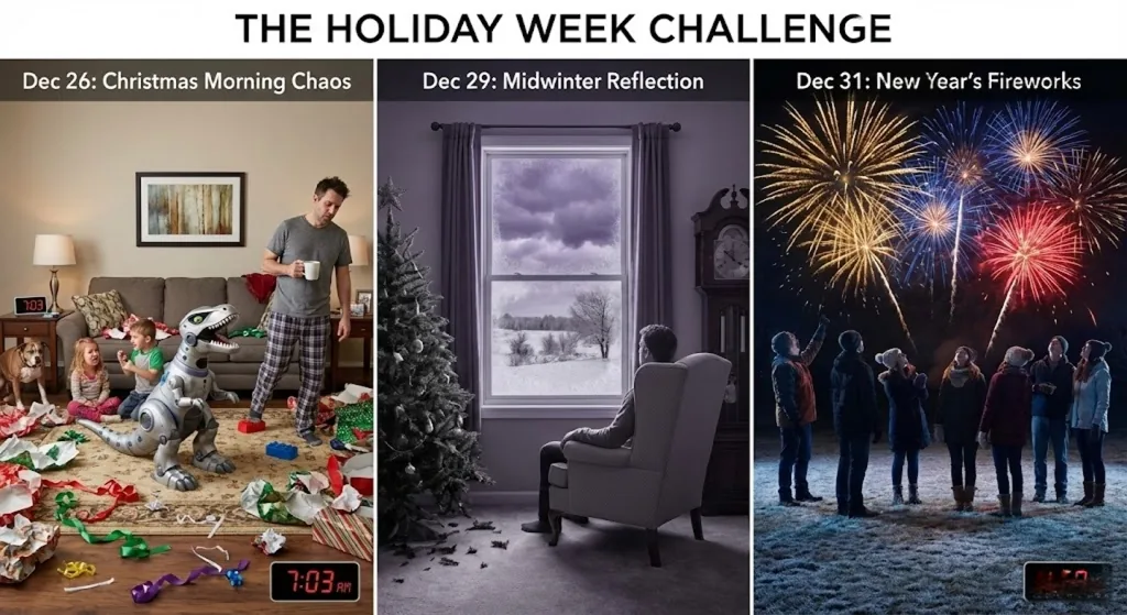 Three-piece holiday week art challenge spanning Christmas Day to New Year's Eve